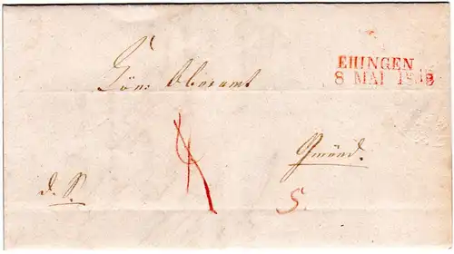 Württemberg 1845, L2 EHINGEN in rot auf Brief n. Gmünd.