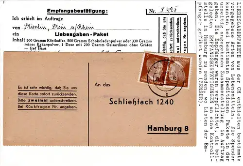 DR 1942, 2x3 Pf. auf Liebesgaben Paket Empfangsbestätigungskarte v. Stade