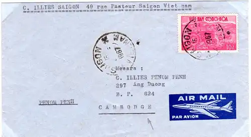 Vietnam 1967, 10d auf Luftpost Brie v. Saigon n. Phnom Penh, Kambodscha
