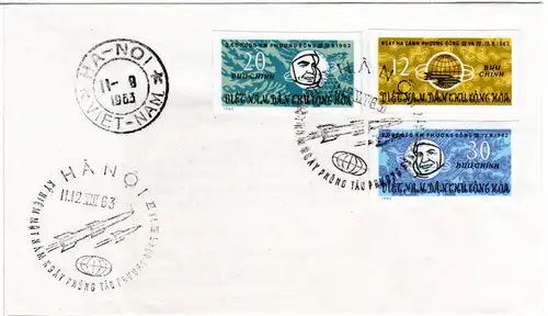 Nord Vietnam 1963, 3 Werte Weltraum kpl. ungezähnt auf Brief v. Hanoi