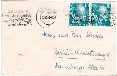 BRD 1949, MeF Paar 10 Pf. Bundestag auf Bedarfs-Brief Hamburg n. Berlin.