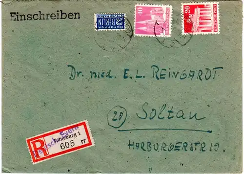 1949, 20+40 Pf. Bauten auf Brief m. Not Reko-Zettel Deutsch-Evern/Lüneburg 1