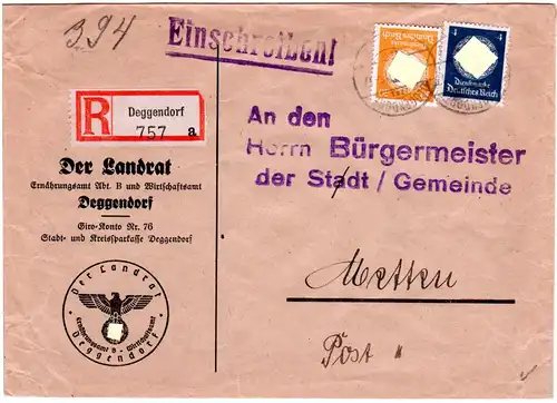 DR 1943, 4+50 Pf. Dienst auf Einschreiben Brief v. Deggendorf n. Metten.