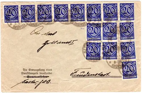 DR 1922, MeF/Massenfrankatur 15x20 Pf. Dienst auf Brief v. Altensteig. Geprüft.
