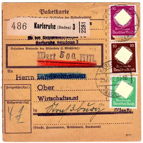 DR 1943, 5+10+40 Pf. Dienst auf Wert Paketkarte v. Karlsruhe n. Straßburg