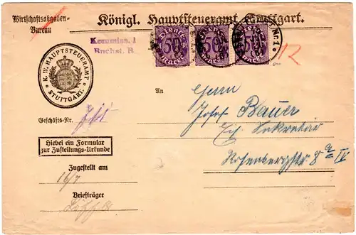 DR 1920, MeF 3x50 Pf. Dienst auf Zustellungsurkunde Brief v. Stuttgart. Geprüft.