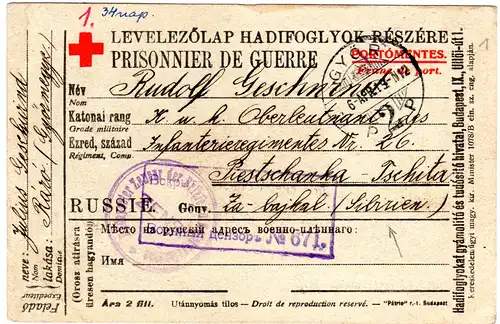 Ungarn 1916, POW KGF Karte v. Györ ins Lager Piestschanka-Tschita, Sibirien