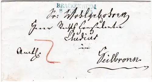 Württemberg 1845, L2 BRACKENHEIM in blau auf Amts Brief n. Heilbronn.