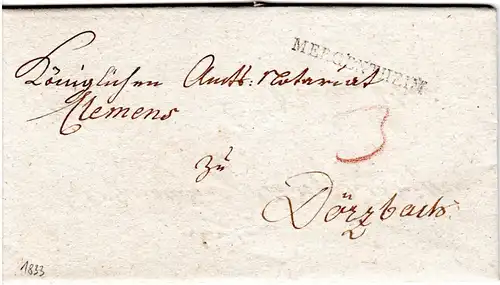 Württemberg 1833, L1 MERGENTHEIM auf Porto Brief v. Altkrautheim n. Dörzbach