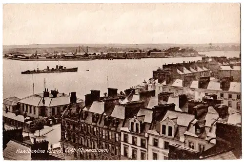 Irland, Cobh (Queenstown) with Hawlbowline Island and warship, unused Postcard