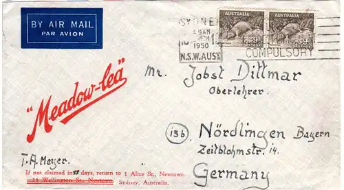 Australien 1950, Paar 9d Schnabeltier (Platypua) auf Luftpost Brief v. Sydney