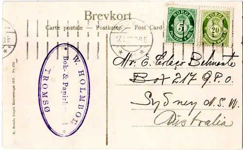 Norwegen 1920, 5+20 öre auf Spitzbergen Polar-AK v. Tromsö n. Australien