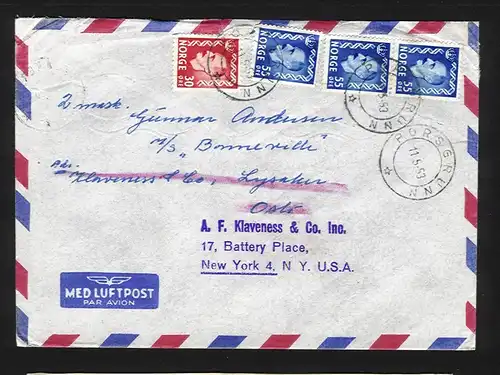 Norwegen USA 1953, Seemanns Nachsende Luftpost Brief v. Porsgrund. #1106