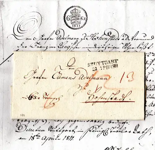Württemberg 1841, L2 STUTTGART auf Porto Brief n. Hohenstadt