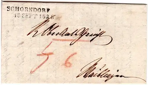 Württemberg 1828, L2 Schorndorf auf schönem Porto Brief n. Waiblingen
