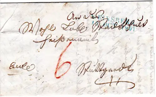 Württemberg 1851, L2 WEINSBERG in blau auf Porto Brief n. Stuttgart.