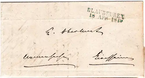 Württemberg 1849, L2 BLAUBEUREN in blau auf Armensache Brief n. Kirchheim