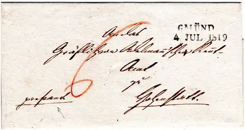 Württemberg 1819, L2 GMÜND klar auf "pressant" Porto Brief n. Hohenstadt 