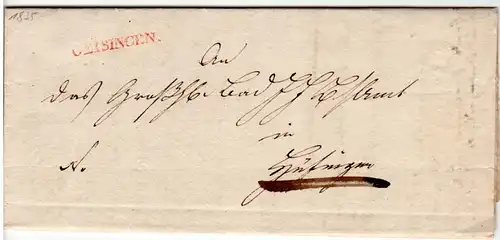 Württemberg 1835, roter L1 GEISINGEN auf Brief n. Hüfingen
