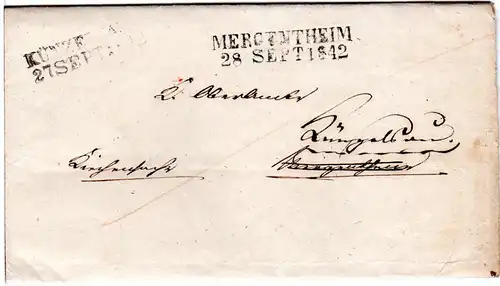 Württemberg 1842, L2 Mergentheim + Künzelsau auf Nachsende Brief v. Berlichingen
