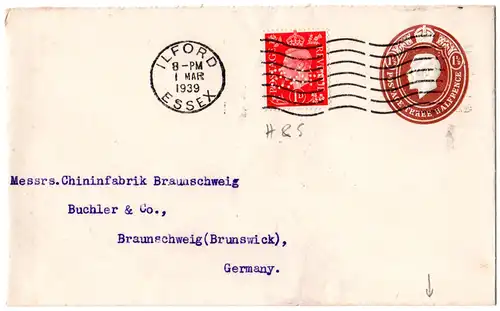 GB 1939, 1d with perfin on 1 1/2d stationery cover from Ilford to Germany