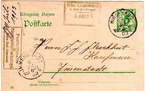 Bayern 1903, Posthilfstelle Prinz Luitpold Haus Taxe Bad Oberdorf auf Ganzsache