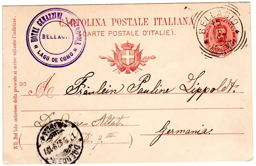 Italien 1897, 10 C. Ganzsache v. Bellagio m. Cachet HOTEL GENAZZINI Lago Di Como