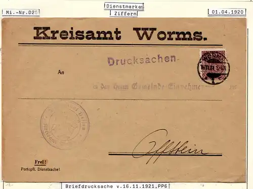 DR 1921, EF 15 Pf. Dienst auf Drucksache Brief des Kreisamt Worms. Geprüft
