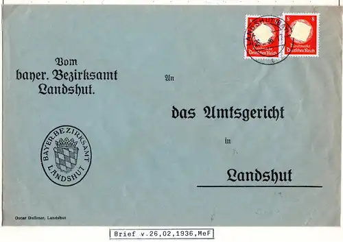 DR 1936, MeF 2x8 Pf. Dienst auf Orts-Brief des Bezirksamt Landshut