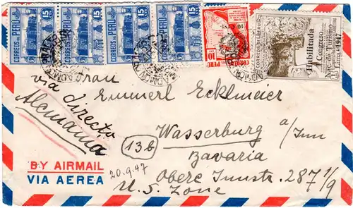 Peru 1947, 6 Marken auf Luftpost Brief "via directo" v. Lima Miraflores n. Dt.