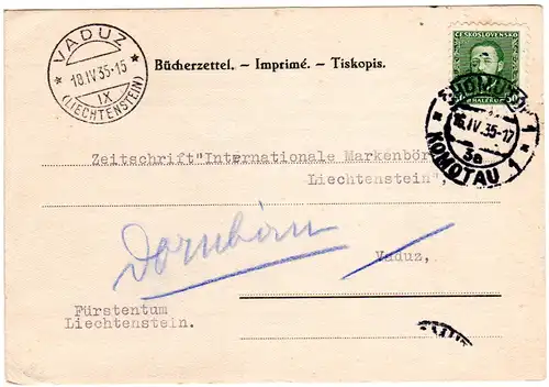 Tschechoslowakei 1935, 50 H. auf Bücherzettel Karte v. Komotau n. Liechtenstein.