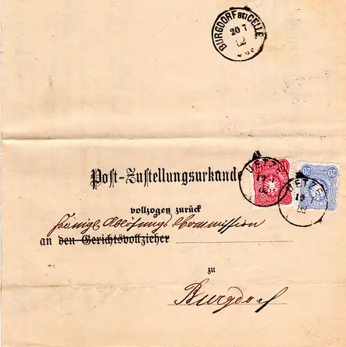 DR 1882, 10+20 Pf. auf Post-Zustellungsurkunde v. Uetze n. Burgdorf b. Celle