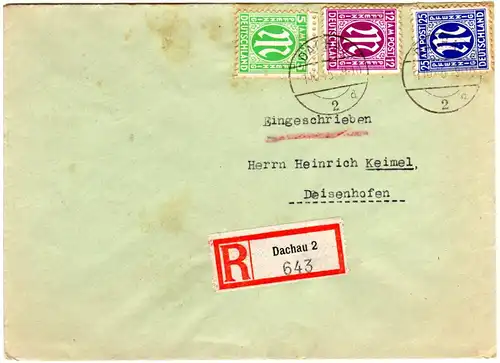 AM Post 1945, 5+12+25 Pf. auf Einschreiben Brief v. Dachau 2 n. Deisenhofen
