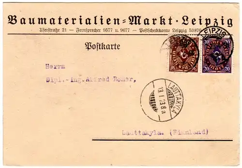 DR 1923, 20+30 Mk. auf Firmen Karte v. Leipzig n. Finnland