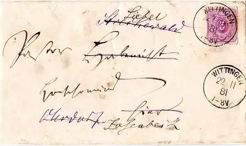 DR 1881, EF 5 Pf. auf Orts Brief m. K1 Wittingen, dann Nachsendung