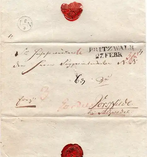 Preussen 1827, L2 PRITZWALK klar auf Franko Brief ins Herzogtum Braunschweig