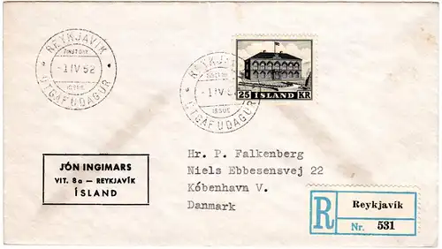 Island 1952, 25 Kr. auf Einschreiben FDC v. Reykjvik