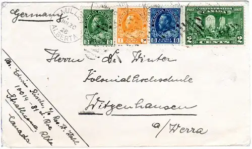 Kanada 1928, 4 Marken auf schönem Brief v. Millet Alberta n. Deutschland