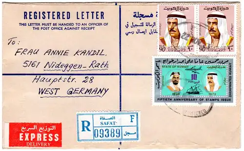 Kuwait 1973, 3 Marken auf Luftpost Einschreiben Express Brief v. SAFAT F.
