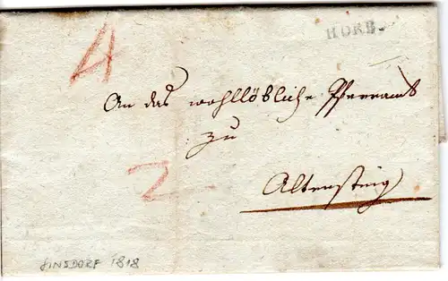 Württemberg 1818, L1 HORB auf Porto Brief v. Sinsdorf n. Altensteig