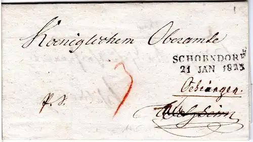 Württemberg 1823, L2 SCHORNDORF auf portofr. Brief n. Welzheim dann n. Öhringen