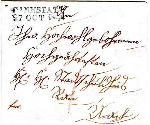 Württemberg 1844, L2 CANNSTATT auf Franko Brief n. Urach m. 1 Kr. Botenlohn