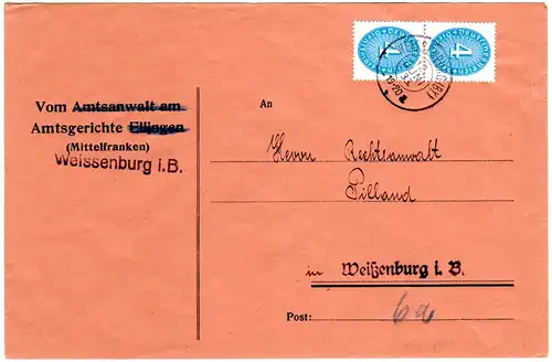 DR 1933, MeF Paar 4 Pf. Dienst auf Orts-Brief v. Weissenburg