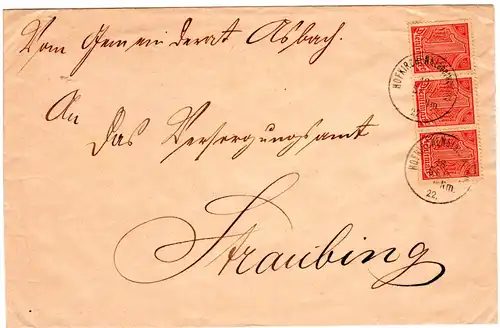 DR 1922, MeF 3er-Streifen 1 Mk. Dienst auf Asbach Gemeinde Brief ab Hofkirchen
