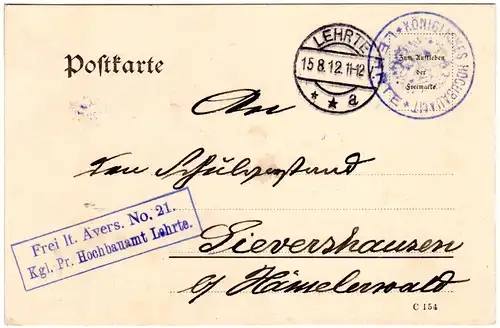 DR 1912, Frei lt. Avers No. 21 Hochbauamt Lehrte auf Karte n. Lievershausen