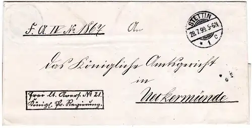DR 1899, Frei lt. Avers No. 21 Kgl. Pr. Regierung auf Brief v. Stettin
