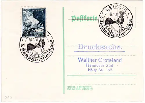 DR 1939, Sonderstpl. Leipzig 5. Reichs-Kleintier-Schau m. Abb. auf Karte m. 4 Pf