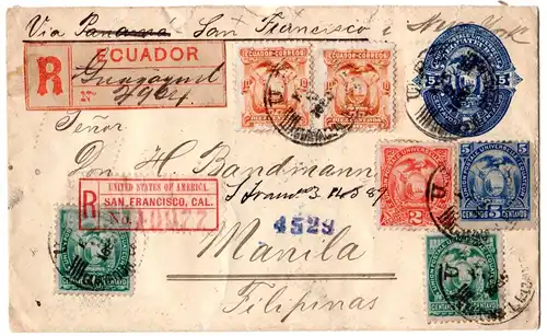 Ecuador 1889, 5 C. Ga-Umschlag m. Zusatz per Einschreiben auf die Philippinen