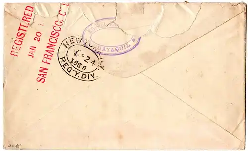 Ecuador 1889, 5 C. Ga-Umschlag m. Zusatz per Einschreiben auf die Philippinen