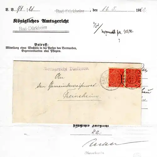 DR 1922, MeF Paar Dienst 1 Mk. auf Brief v. Bad Dürckheim n. Freinsheim. Geprüft